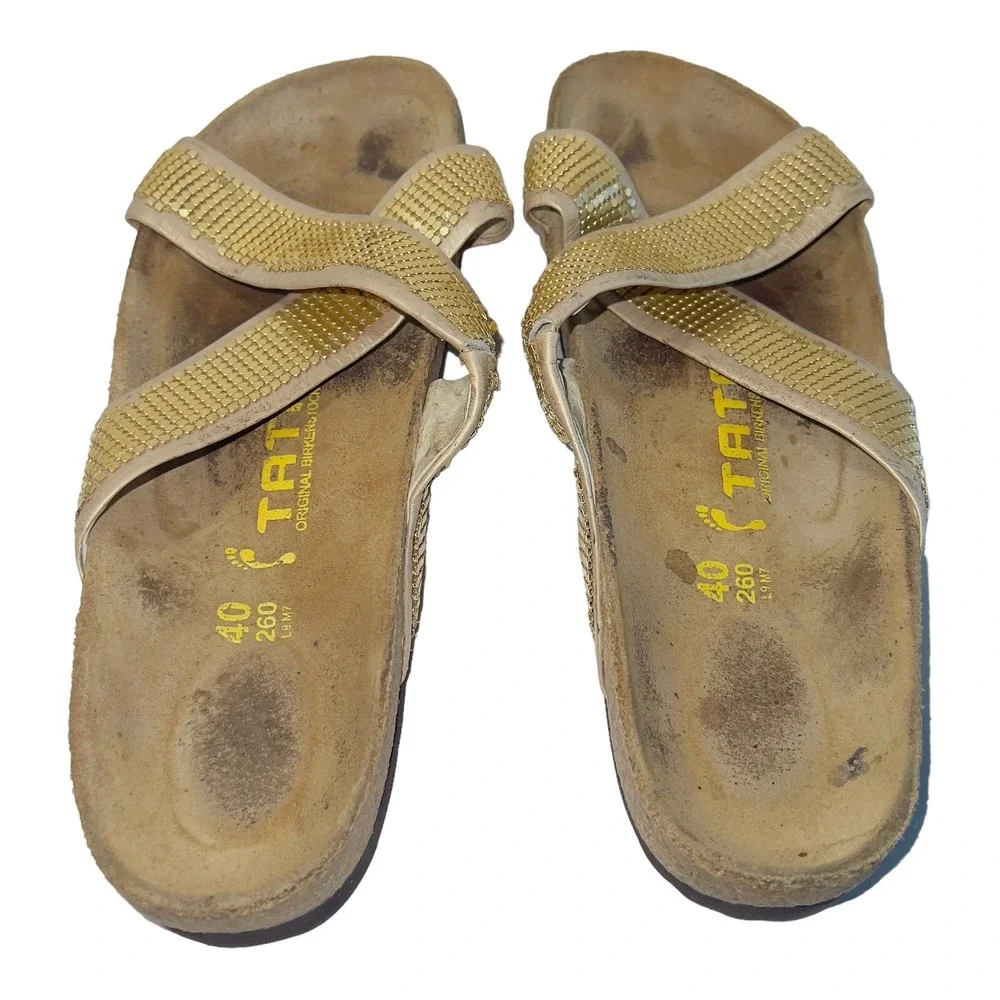 TATAMI Birkenstock Women's Gold Beaded Criss-Cross Strap Sandals Size 9 EU 40